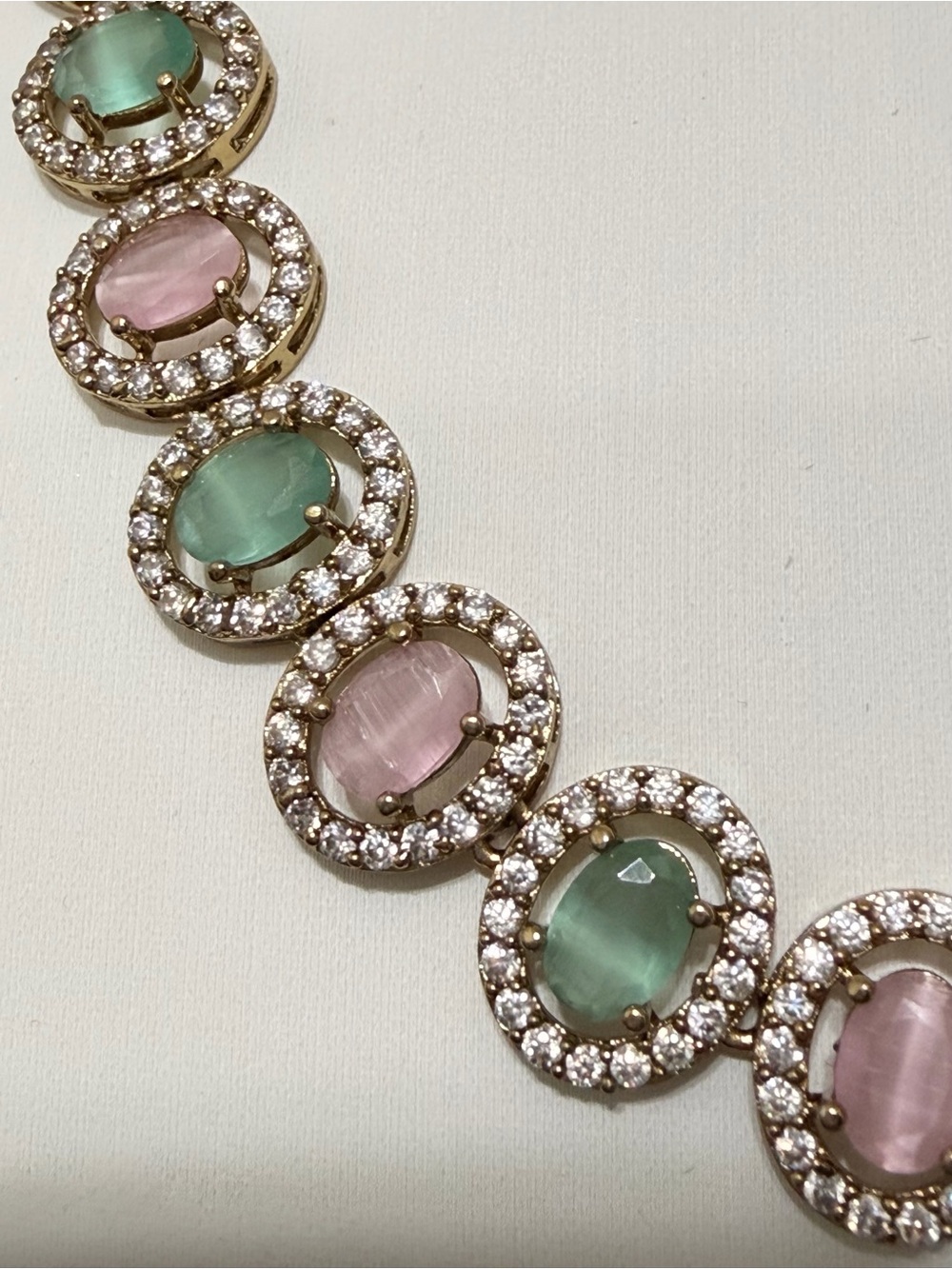 Gold-tone Pink and Mint Oval Crystal Necklace & Earring Set with Monalisa Stone - Picture 2 of 6